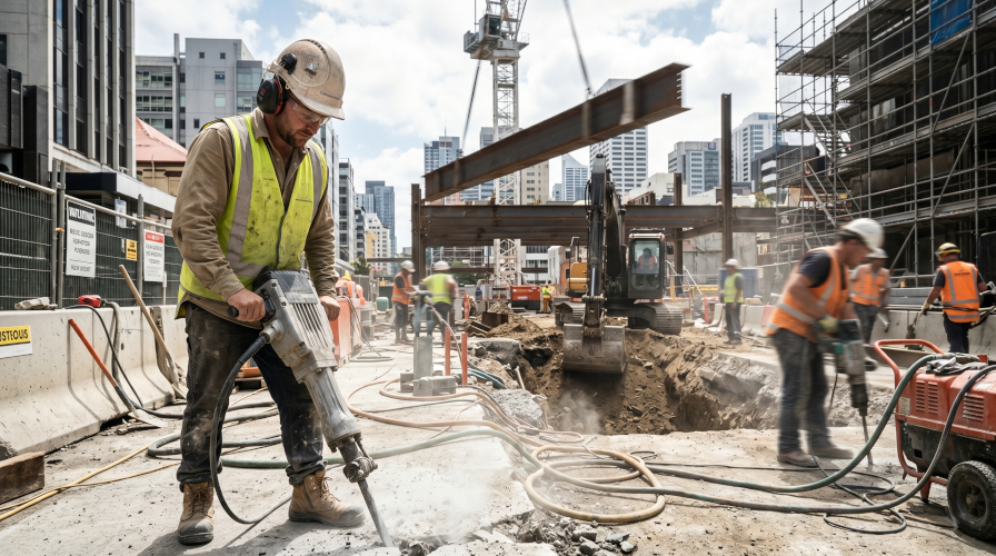 Construction worker in noisy environment